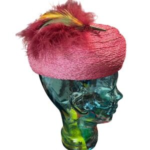 Vtg Pink pillbox hat ‎ w/feathers woven straw Mr Wilton Original Wolfman Houston